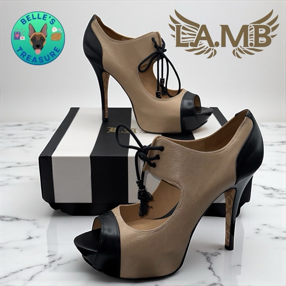 L.A.M.B. Chiba Platforms Womens US 9M Tan Black‎ Leather Stiletto Heel G1121